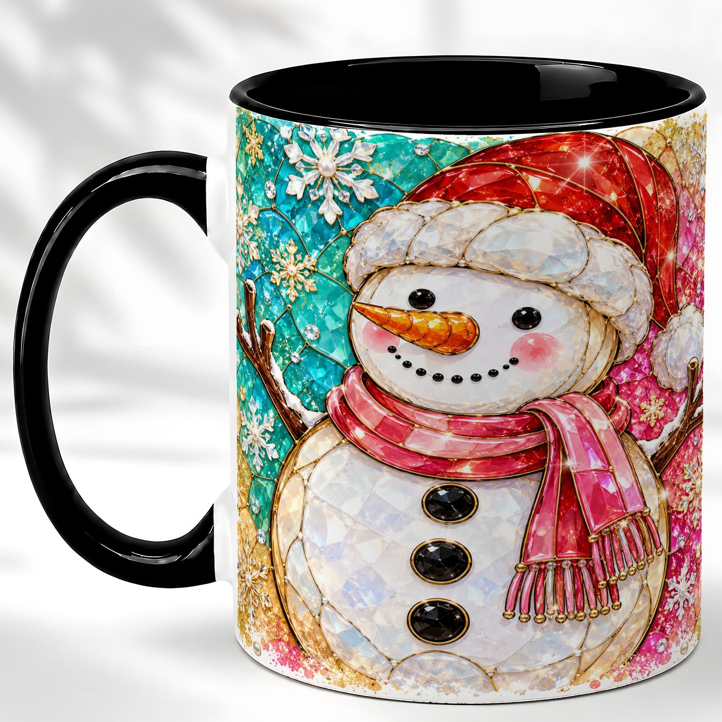 #pl[11oz|Black] Jeweled Snowman Coffee Mug, Stained Glass Style Winter Mug, Ceramic Cup