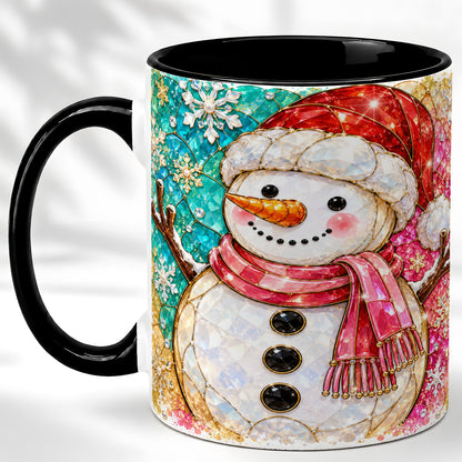 #pl[11oz|Black] Jeweled Snowman Coffee Mug, Stained Glass Style Winter Mug, Ceramic Cup