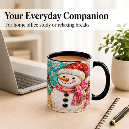 #pl[11oz|Black] Jeweled Snowman Coffee Mug, Stained Glass Style Winter Mug, Ceramic Cup