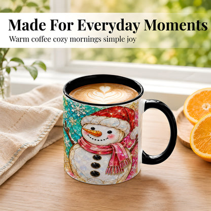 #pl[11oz|Black] Jeweled Snowman Coffee Mug, Stained Glass Style Winter Mug, Ceramic Cup