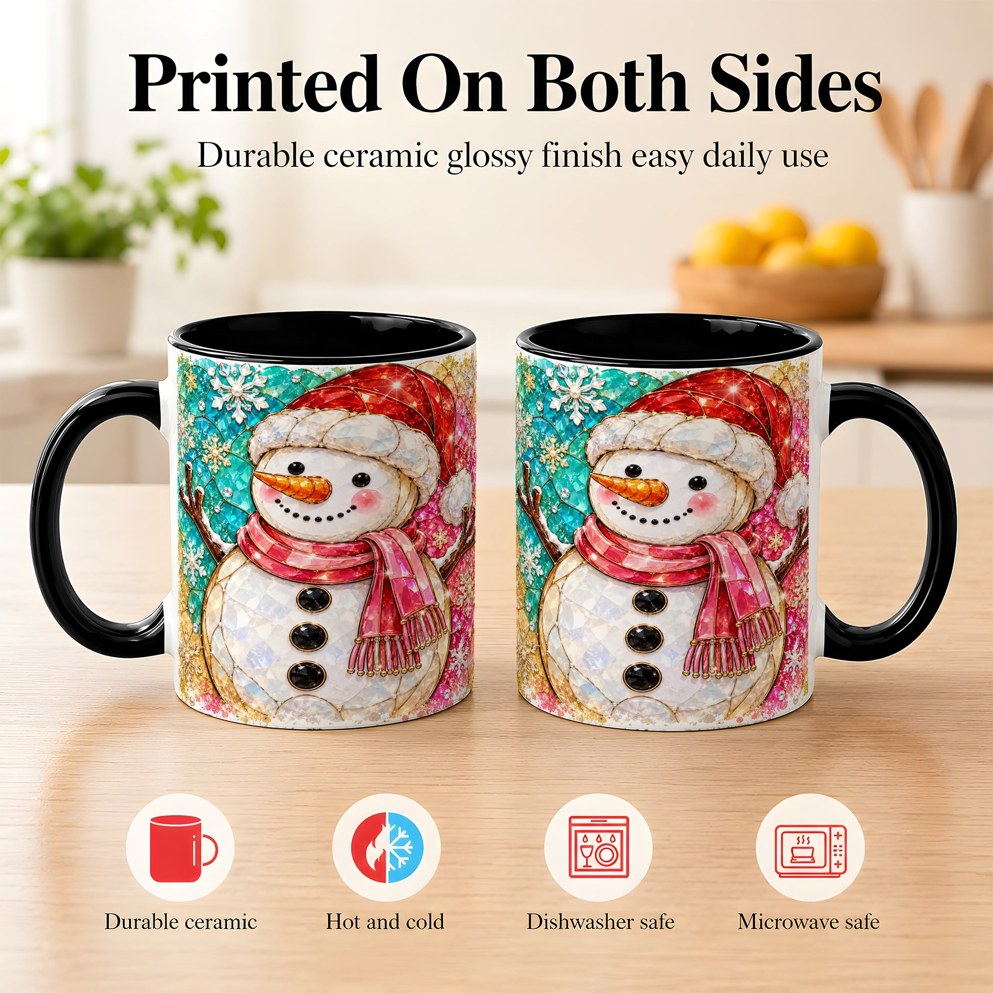 #pl[11oz|Black] Jeweled Snowman Coffee Mug, Stained Glass Style Winter Mug, Ceramic Cup