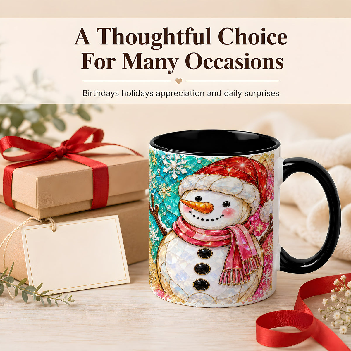 #pl[11oz|Black] Jeweled Snowman Coffee Mug, Stained Glass Style Winter Mug, Ceramic Cup