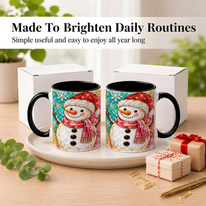 #pl[11oz|Black] Jeweled Snowman Coffee Mug, Stained Glass Style Winter Mug, Ceramic Cup