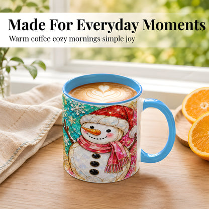 #pl[11oz|Blue] Jeweled Snowman Coffee Mug, Stained Glass Style Winter Mug, Ceramic Cup