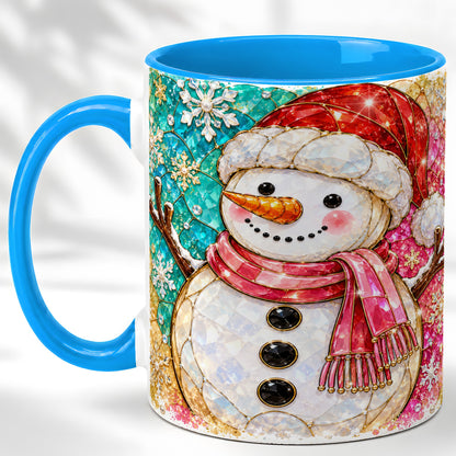 #pl[11oz|Blue] Jeweled Snowman Coffee Mug, Stained Glass Style Winter Mug, Ceramic Cup