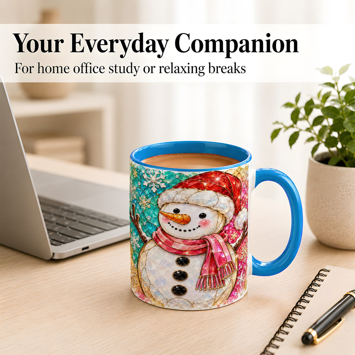 #pl[11oz|Blue] Jeweled Snowman Coffee Mug, Stained Glass Style Winter Mug, Ceramic Cup