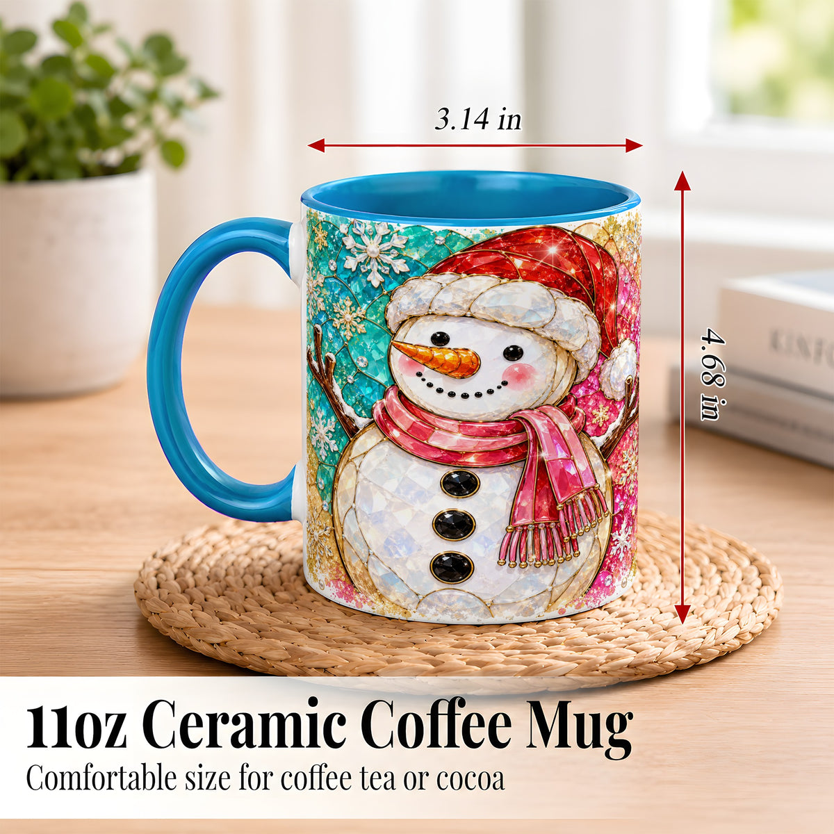 #pl[11oz|Blue] Jeweled Snowman Coffee Mug, Stained Glass Style Winter Mug, Ceramic Cup