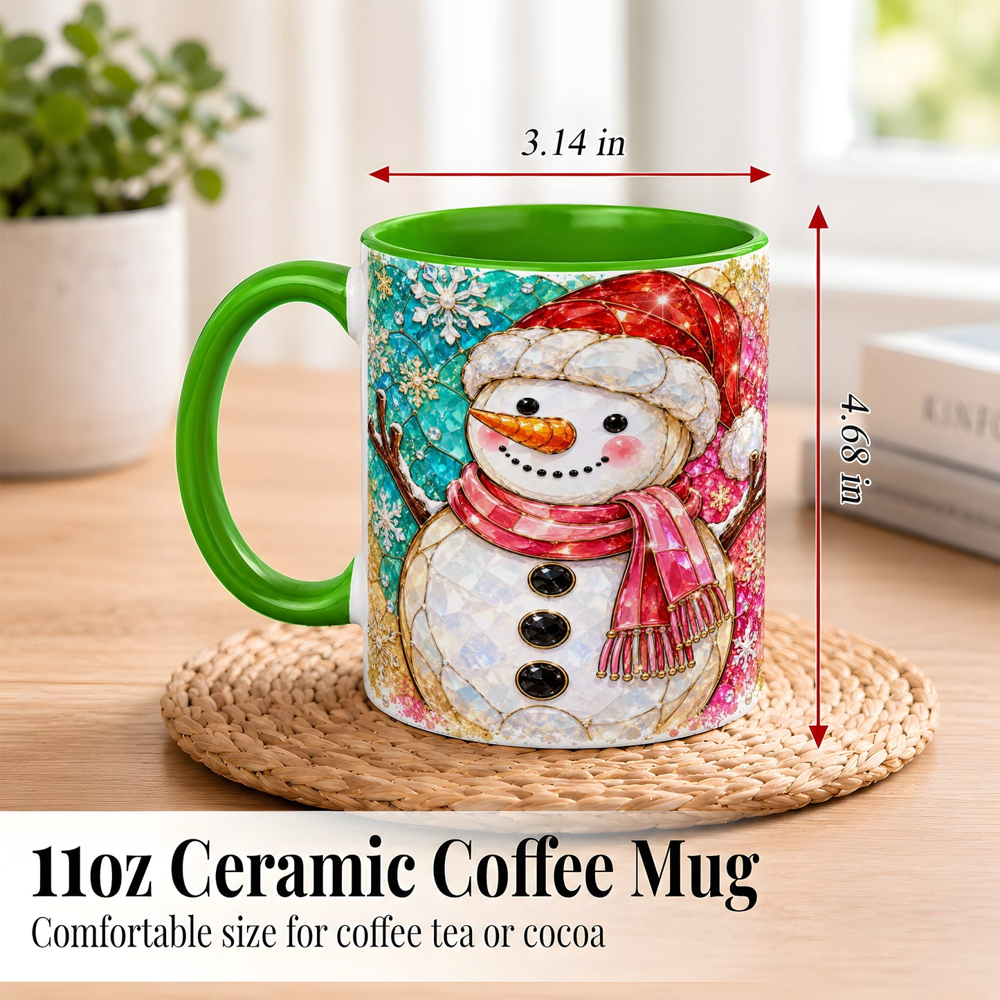 #pl[11oz|Green] Jeweled Snowman Coffee Mug, Stained Glass Style Winter Mug, Ceramic Cup