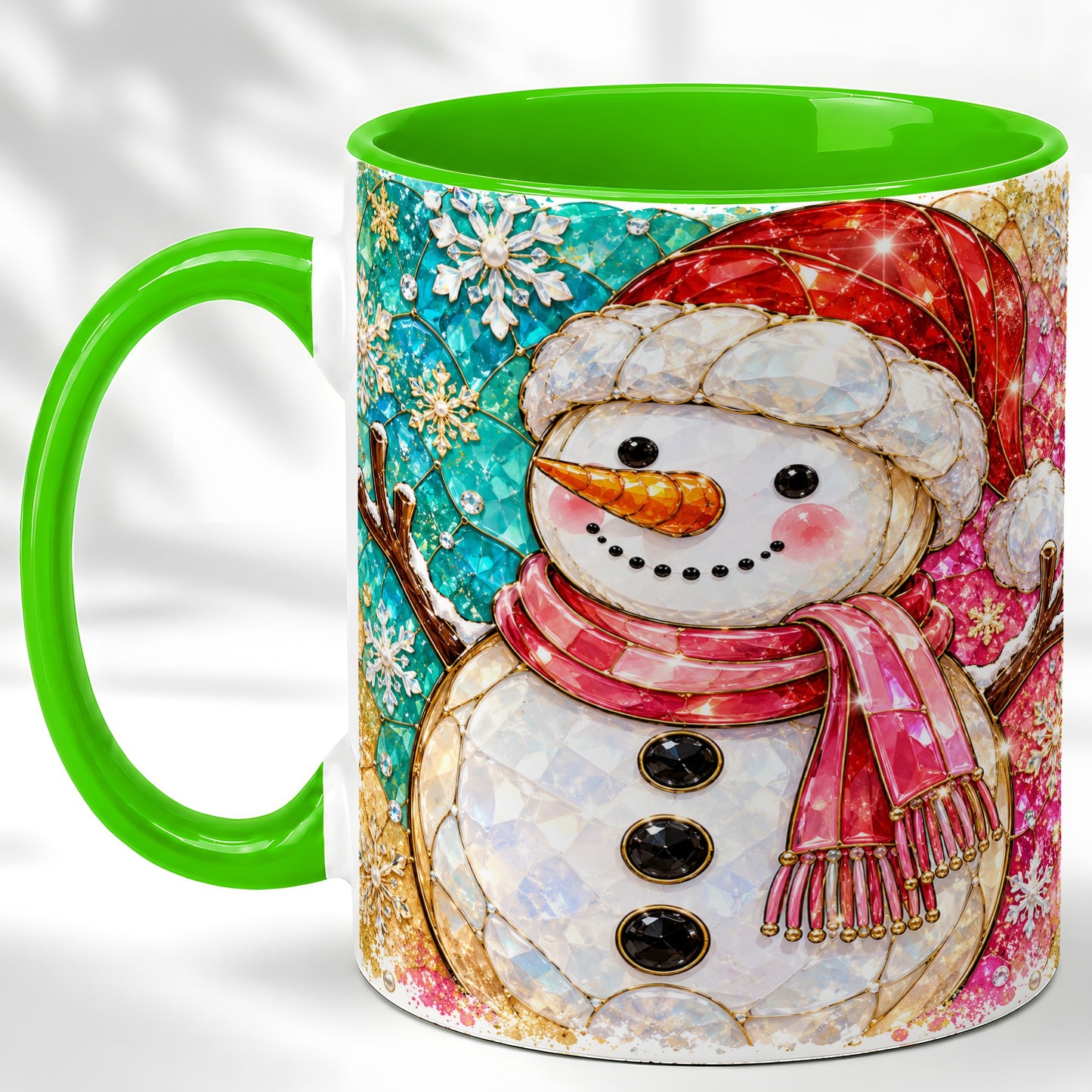 #pl[11oz|Green] Jeweled Snowman Coffee Mug, Stained Glass Style Winter Mug, Ceramic Cup