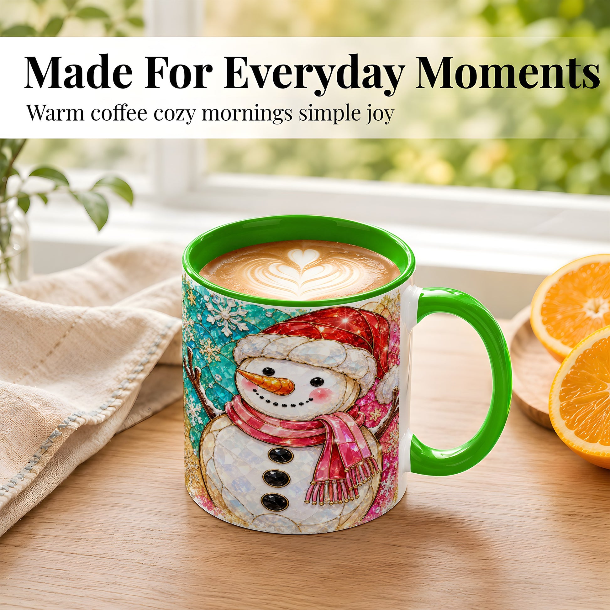 #pl[11oz|Green] Jeweled Snowman Coffee Mug, Stained Glass Style Winter Mug, Ceramic Cup