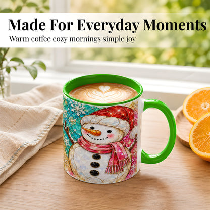 #pl[11oz|Green] Jeweled Snowman Coffee Mug, Stained Glass Style Winter Mug, Ceramic Cup