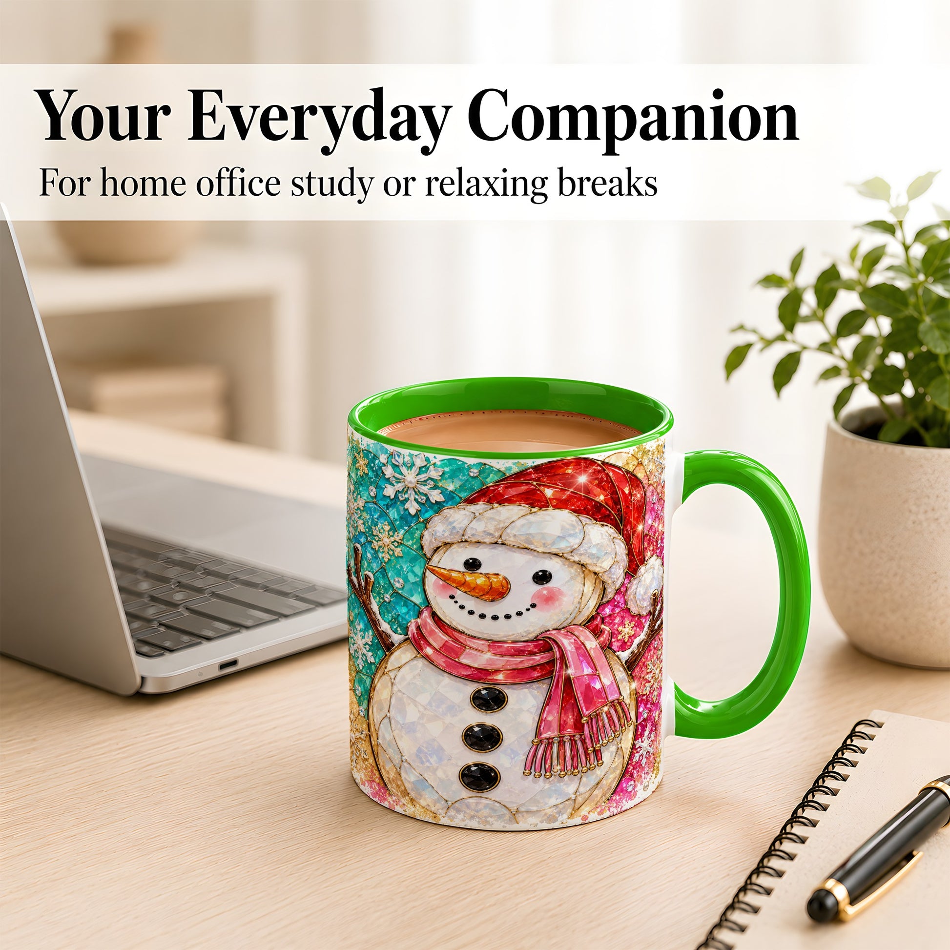 #pl[11oz|Green] Jeweled Snowman Coffee Mug, Stained Glass Style Winter Mug, Ceramic Cup