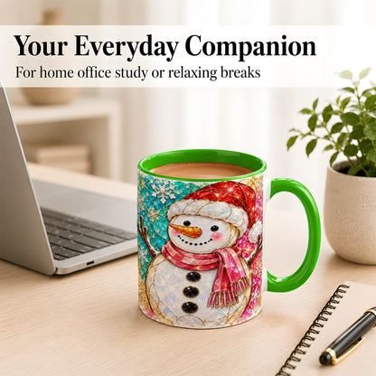 #pl[11oz|Green] Jeweled Snowman Coffee Mug, Stained Glass Style Winter Mug, Ceramic Cup