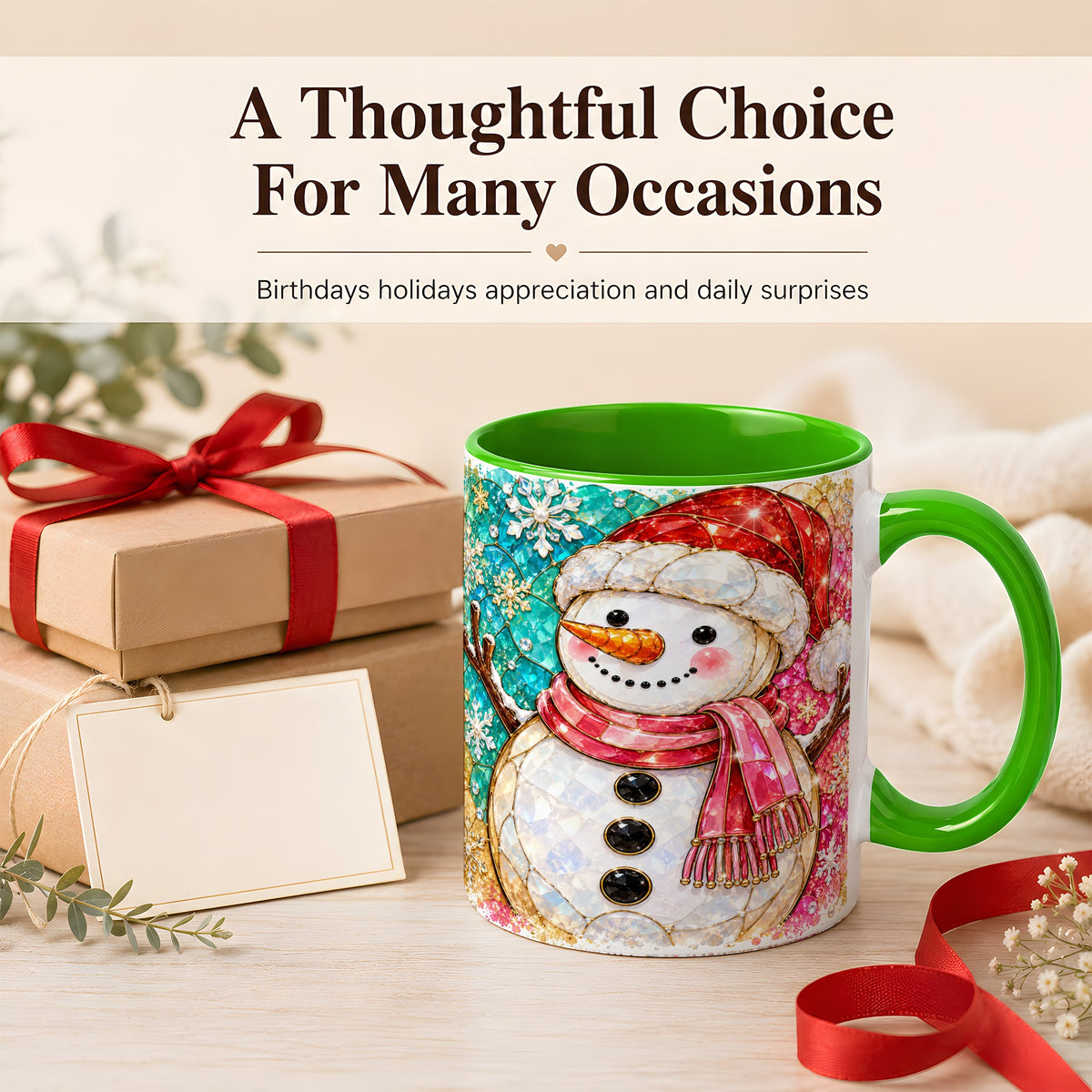 #pl[11oz|Green] Jeweled Snowman Coffee Mug, Stained Glass Style Winter Mug, Ceramic Cup
