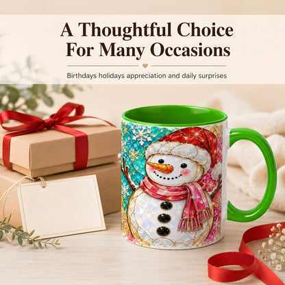 #pl[11oz|Green] Jeweled Snowman Coffee Mug, Stained Glass Style Winter Mug, Ceramic Cup