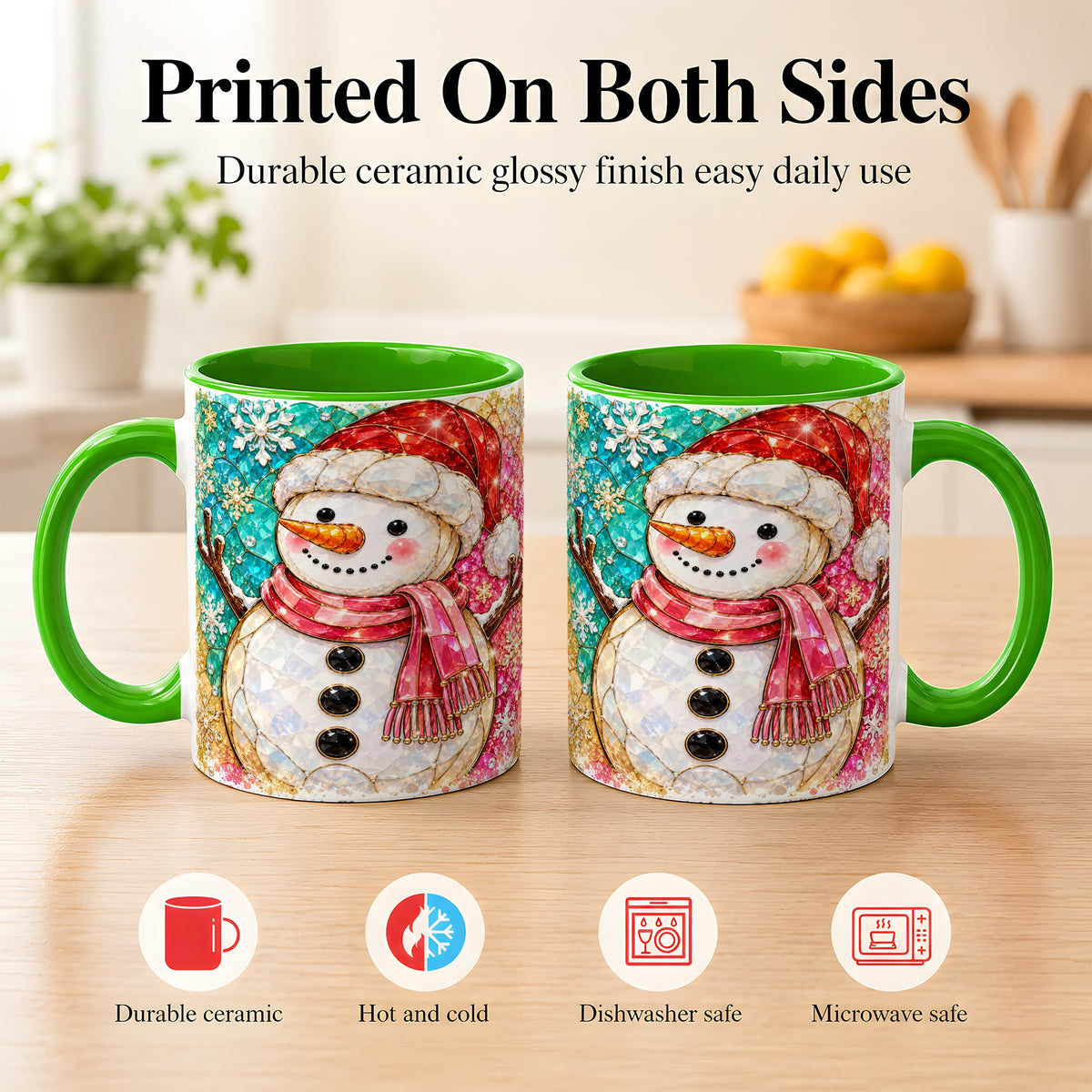 #pl[11oz|Green] Jeweled Snowman Coffee Mug, Stained Glass Style Winter Mug, Ceramic Cup