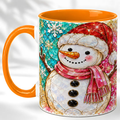 #pl[11oz|Orange] Jeweled Snowman Coffee Mug, Stained Glass Style Winter Mug, Ceramic Cup