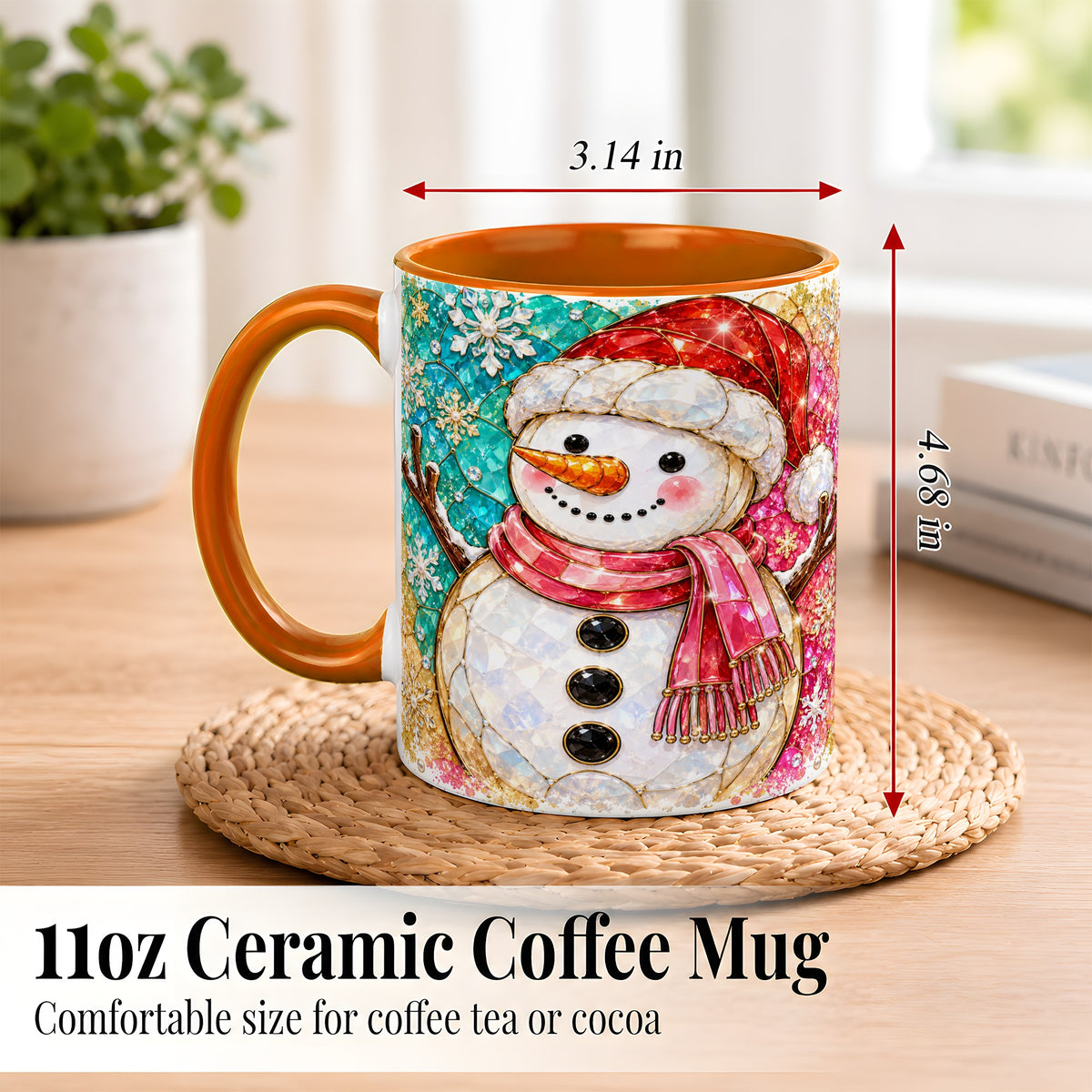 #pl[11oz|Orange] Jeweled Snowman Coffee Mug, Stained Glass Style Winter Mug, Ceramic Cup