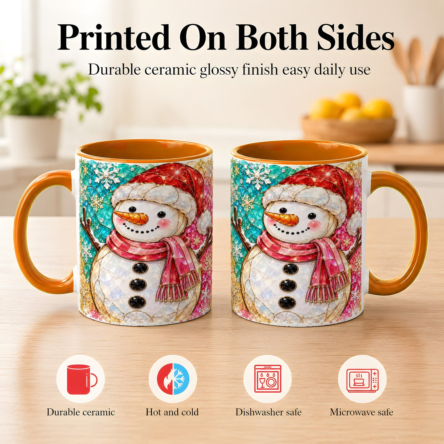#pl[11oz|Orange] Jeweled Snowman Coffee Mug, Stained Glass Style Winter Mug, Ceramic Cup