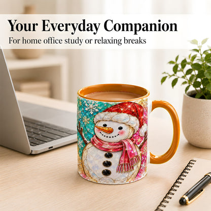 #pl[11oz|Orange] Jeweled Snowman Coffee Mug, Stained Glass Style Winter Mug, Ceramic Cup