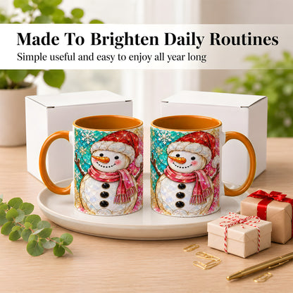#pl[11oz|Orange] Jeweled Snowman Coffee Mug, Stained Glass Style Winter Mug, Ceramic Cup