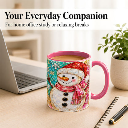 #pl[11oz|Pink] Jeweled Snowman Coffee Mug, Stained Glass Style Winter Mug, Ceramic Cup