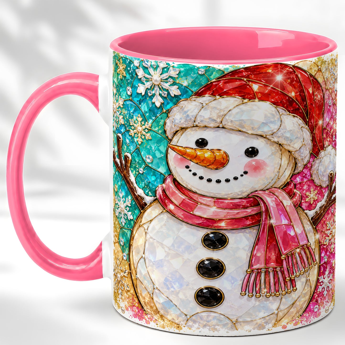 #pl[11oz|Pink] Jeweled Snowman Coffee Mug, Stained Glass Style Winter Mug, Ceramic Cup