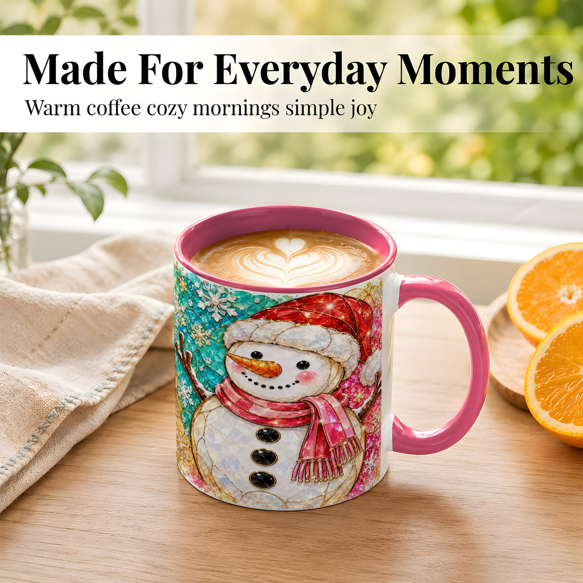 #pl[11oz|Pink] Jeweled Snowman Coffee Mug, Stained Glass Style Winter Mug, Ceramic Cup