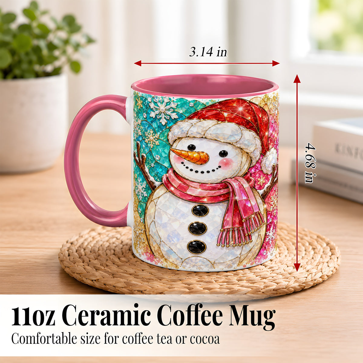 #pl[11oz|Pink] Jeweled Snowman Coffee Mug, Stained Glass Style Winter Mug, Ceramic Cup