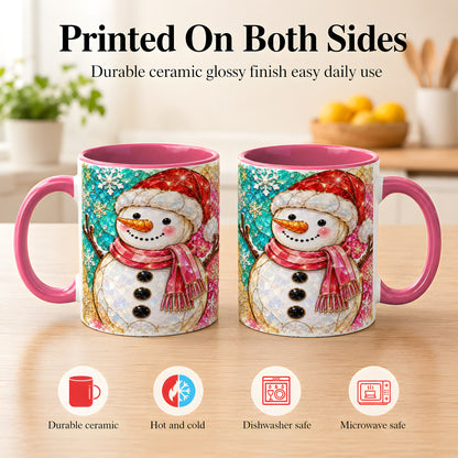 #pl[11oz|Pink] Jeweled Snowman Coffee Mug, Stained Glass Style Winter Mug, Ceramic Cup