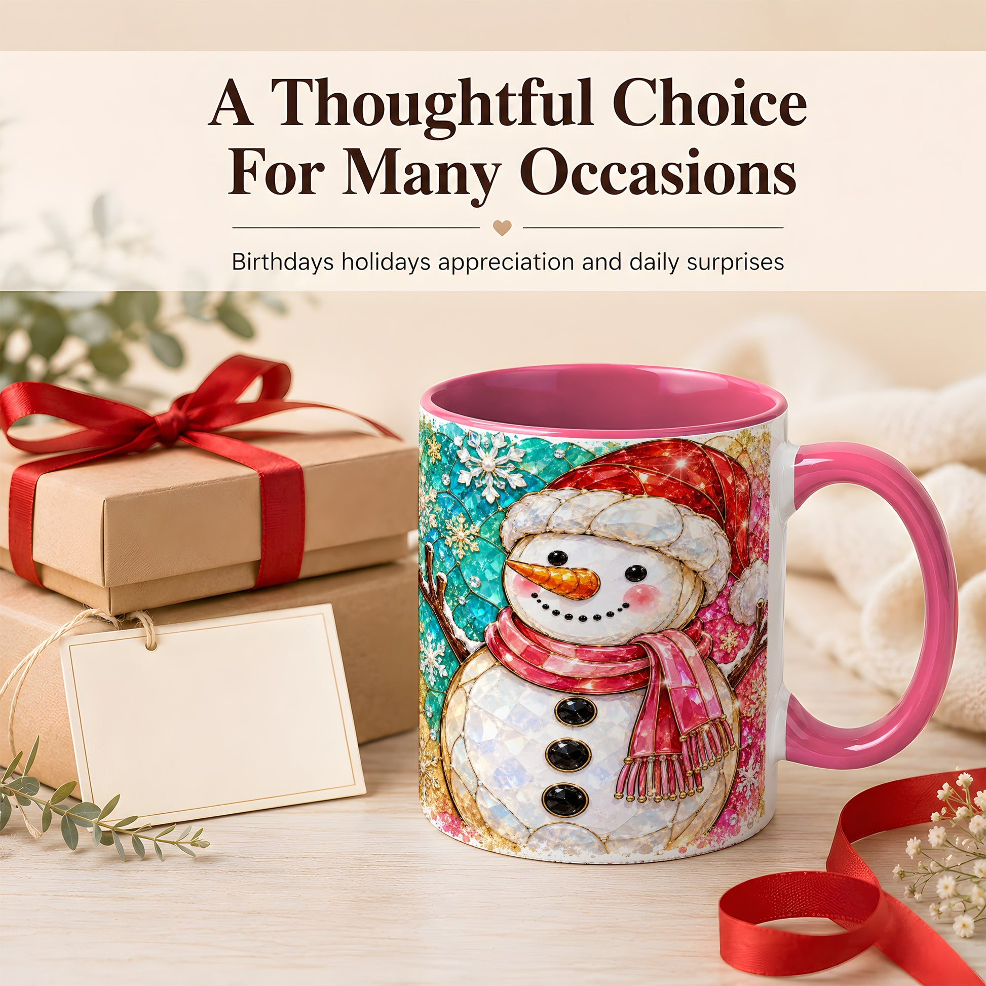 #pl[11oz|Pink] Jeweled Snowman Coffee Mug, Stained Glass Style Winter Mug, Ceramic Cup
