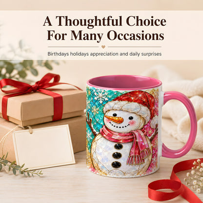 #pl[11oz|Pink] Jeweled Snowman Coffee Mug, Stained Glass Style Winter Mug, Ceramic Cup