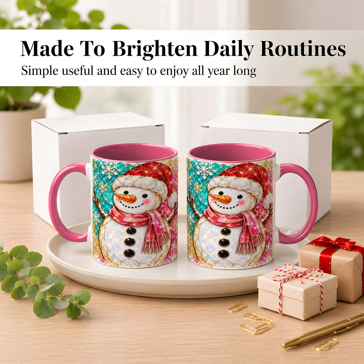 #pl[11oz|Pink] Jeweled Snowman Coffee Mug, Stained Glass Style Winter Mug, Ceramic Cup