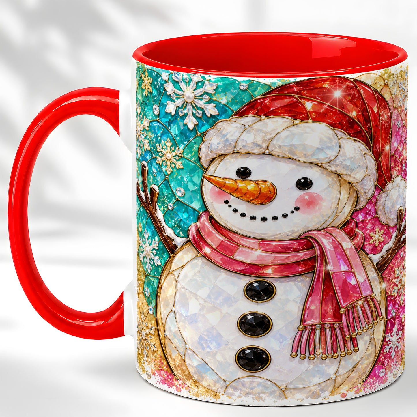 Jeweled Snowman Coffee Mug, Stained Glass Style Winter Mug, Ceramic Cup