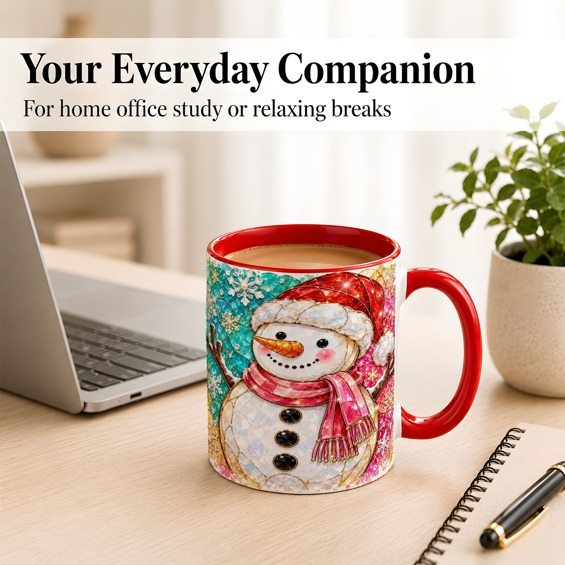 #pl[11oz|Red] Jeweled Snowman Coffee Mug, Stained Glass Style Winter Mug, Ceramic Cup