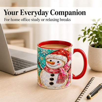 #pl[11oz|Red] Jeweled Snowman Coffee Mug, Stained Glass Style Winter Mug, Ceramic Cup