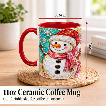 #pl[11oz|Red] Jeweled Snowman Coffee Mug, Stained Glass Style Winter Mug, Ceramic Cup