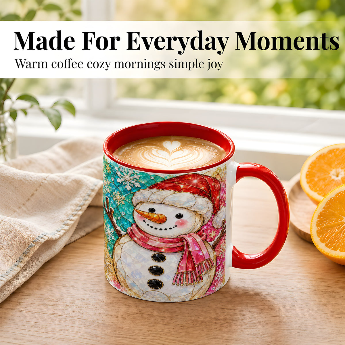 #pl[11oz|Red] Jeweled Snowman Coffee Mug, Stained Glass Style Winter Mug, Ceramic Cup