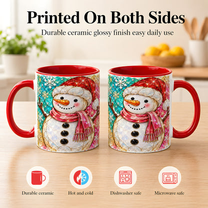 #pl[11oz|Red] Jeweled Snowman Coffee Mug, Stained Glass Style Winter Mug, Ceramic Cup