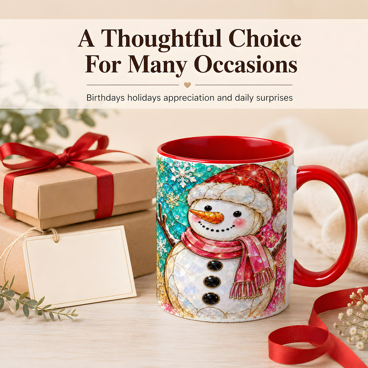 #pl[11oz|Red] Jeweled Snowman Coffee Mug, Stained Glass Style Winter Mug, Ceramic Cup