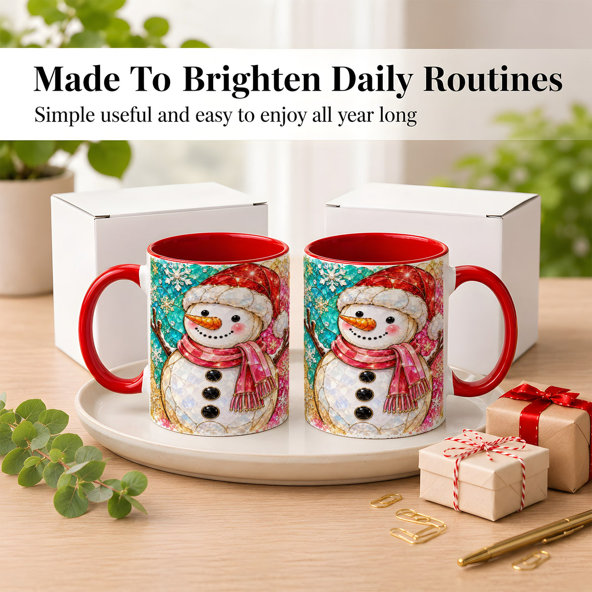 #pl[11oz|Red] Jeweled Snowman Coffee Mug, Stained Glass Style Winter Mug, Ceramic Cup