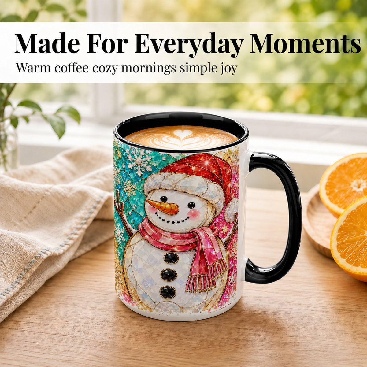 #pl[15oz|Black] Jeweled Snowman Coffee Mug, Stained Glass Style Winter Mug, Ceramic Cup