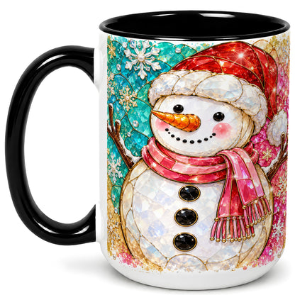 #pl[15oz|Black] Jeweled Snowman Coffee Mug, Stained Glass Style Winter Mug, Ceramic Cup