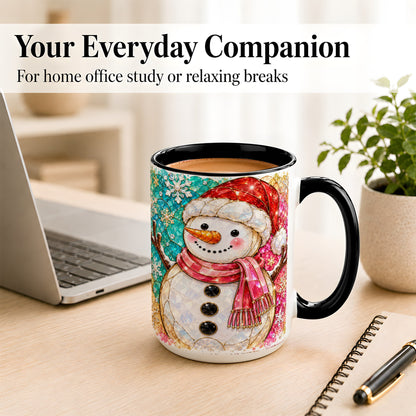 #pl[15oz|Black] Jeweled Snowman Coffee Mug, Stained Glass Style Winter Mug, Ceramic Cup