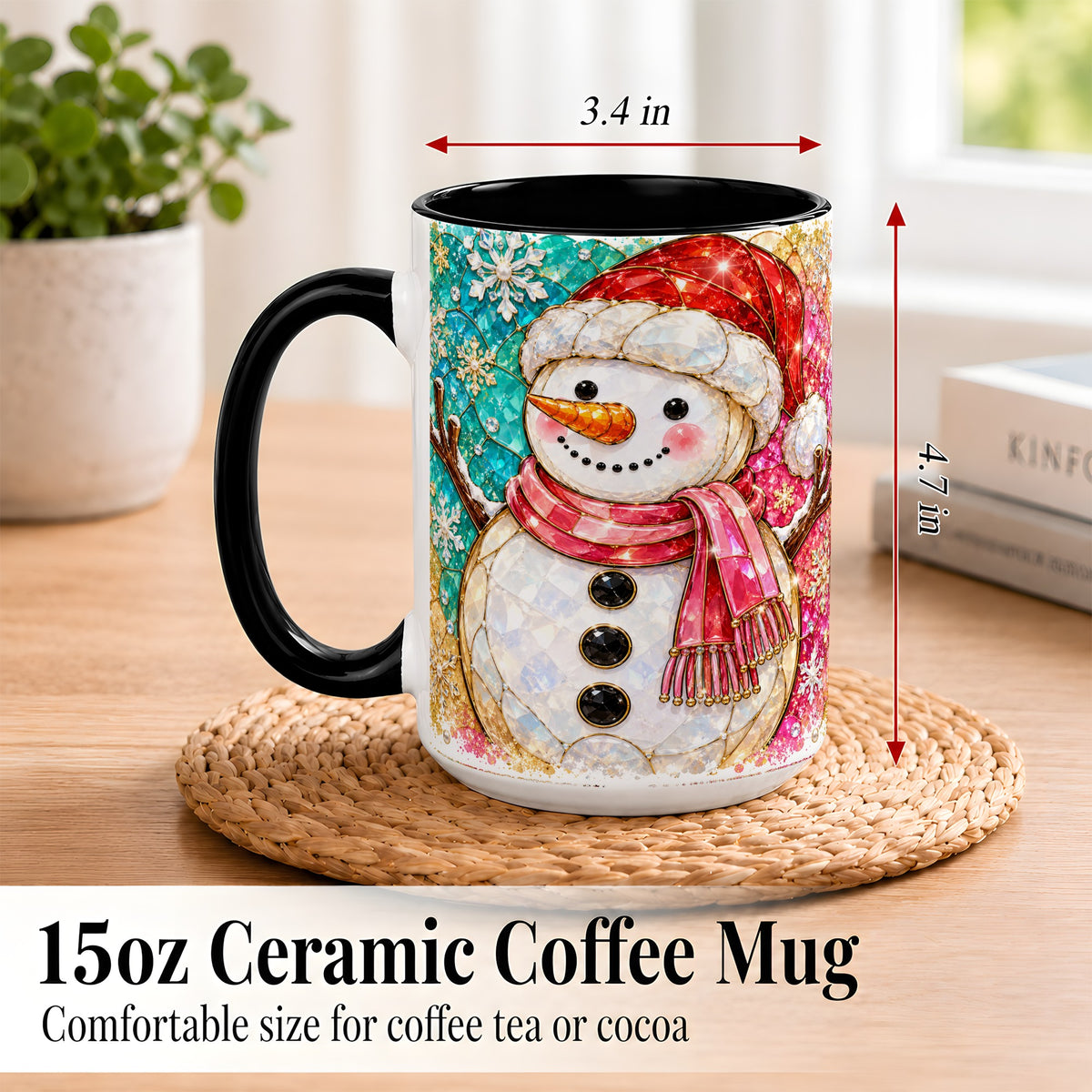 #pl[15oz|Black] Jeweled Snowman Coffee Mug, Stained Glass Style Winter Mug, Ceramic Cup