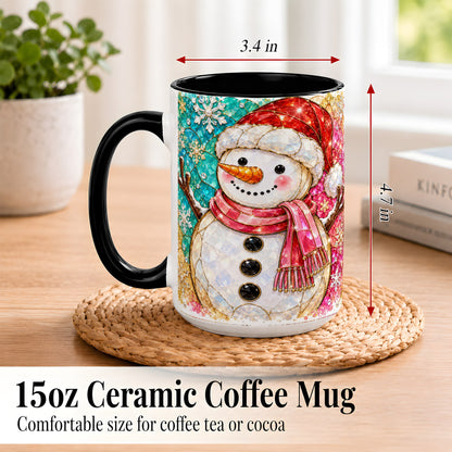 #pl[15oz|Black] Jeweled Snowman Coffee Mug, Stained Glass Style Winter Mug, Ceramic Cup