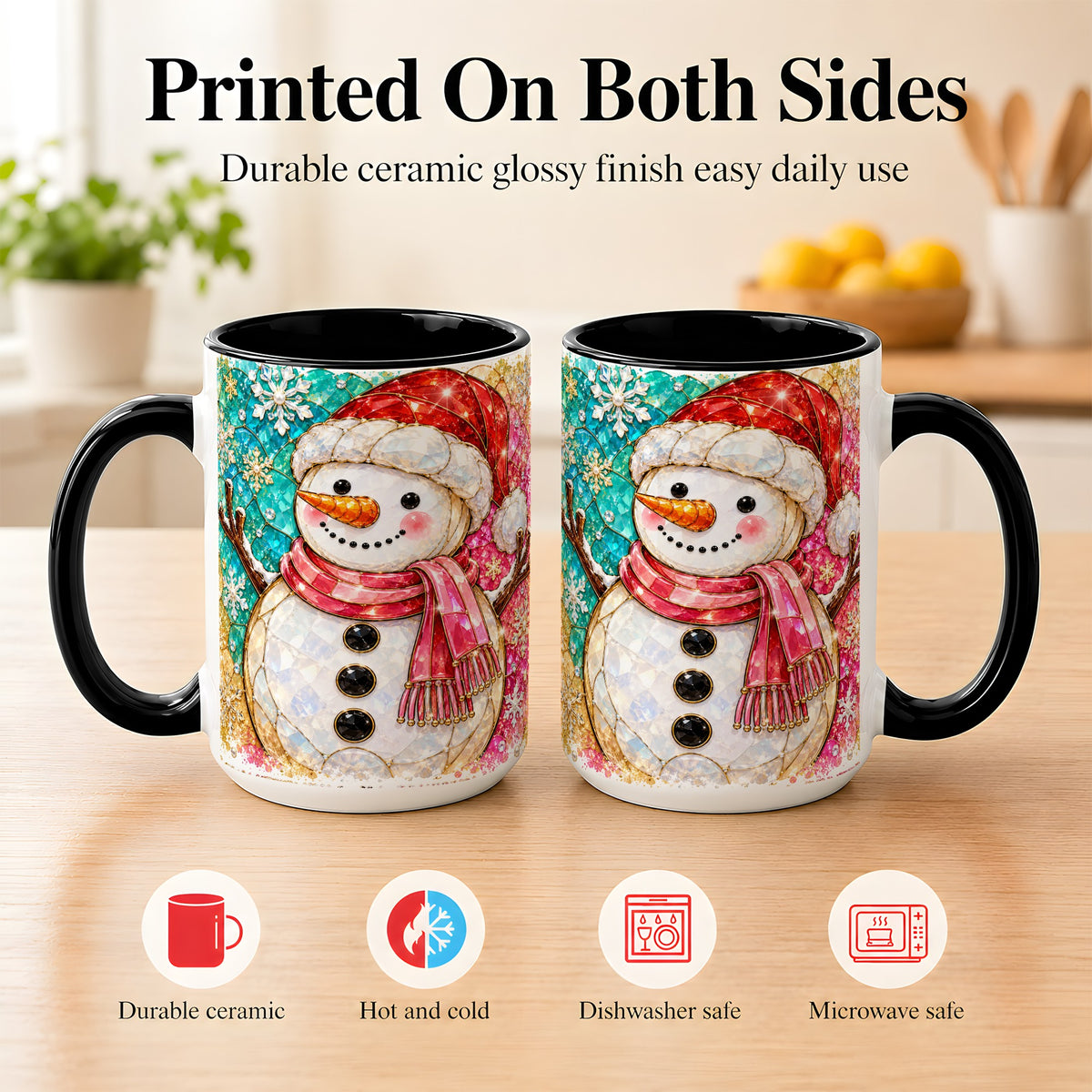 #pl[15oz|Black] Jeweled Snowman Coffee Mug, Stained Glass Style Winter Mug, Ceramic Cup
