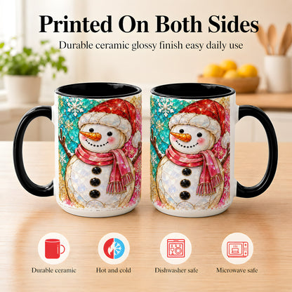 #pl[15oz|Black] Jeweled Snowman Coffee Mug, Stained Glass Style Winter Mug, Ceramic Cup