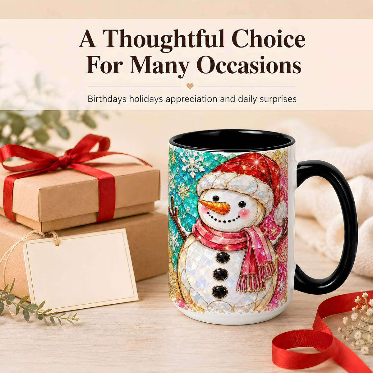 #pl[15oz|Black] Jeweled Snowman Coffee Mug, Stained Glass Style Winter Mug, Ceramic Cup