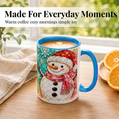 #pl[15oz|Blue] Jeweled Snowman Coffee Mug, Stained Glass Style Winter Mug, Ceramic Cup